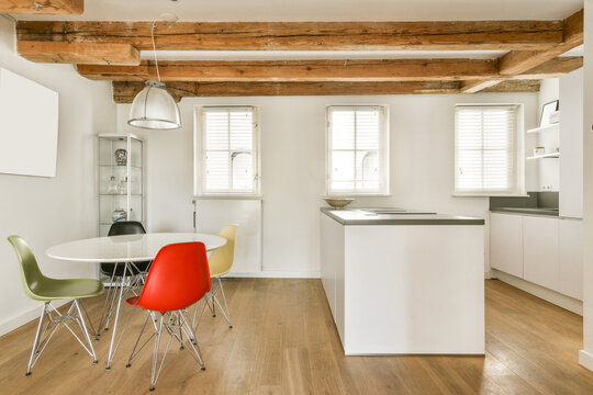 Modern Kitchen Interior with Wooden Beams