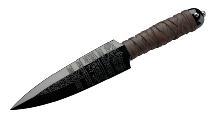 Black Tactical Throwing Knife with Engraved Blade and Wrapped Handle isolated on Transparent Background