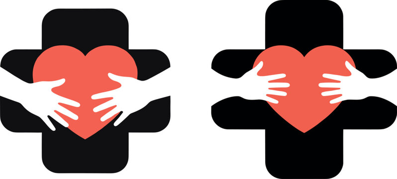Medical cross logos featuring a red heart being held by hands