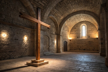 Large Wooden Cross in Empty Chapel Symbolizing Lenten Contemplation