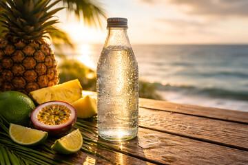 Chilled tropical drink bottle with fruits at sunset beach