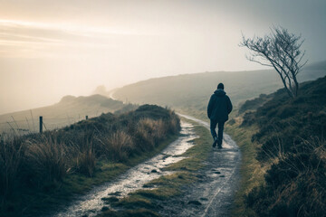 Person Walking Alone on Foggy Path Symbolizing Lenten Path