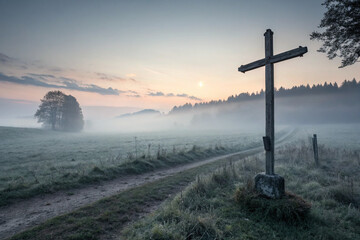 Empty Wooden Cross in Foggy Field Symbolizing Lenten Sacrifice