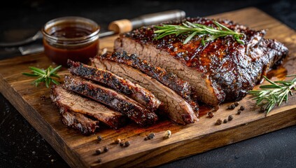 Savory Brisket Delight: A mouthwatering close-up of a perfectly cooked brisket, meticulously sliced and arranged on a wooden board, garnished with fresh rosemary. alongside a small bowl of sauce.