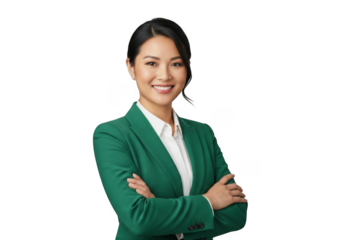 Smiling businesswoman with arms crossed isolated on transparent background