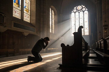 Kneeling Figure Silhouette in Dim Church Symbolizing Lenten Prayer