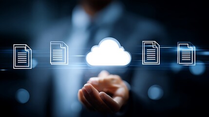 Person holding a glowing cloud with document icons, representing cloud storage and data sharing