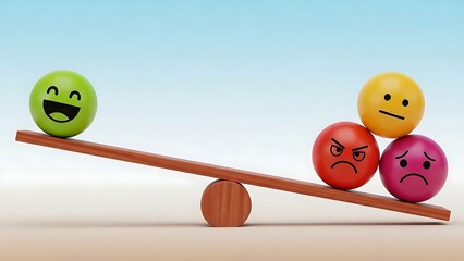 Conceptual 3d illustration of a seesaw balancing a single happy green emoji against three negative emotion emojis representing anger
