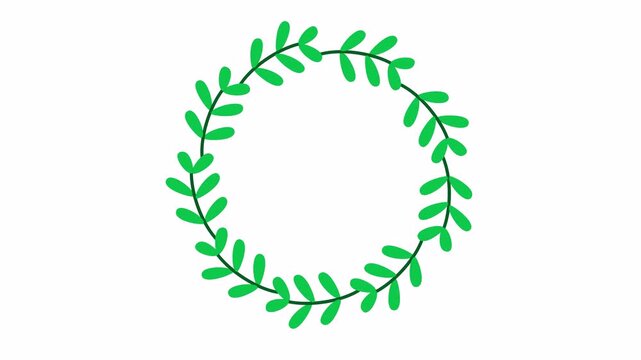 Circular green leaf wreath frame in cartoon animation isolated on a transparent background. Minimalist green leaves rotation for botanical circle border. Suitable for a wedding invitation element.