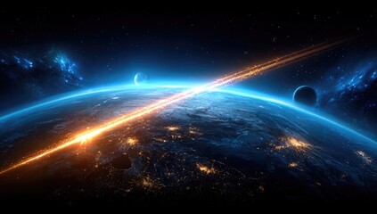 Obraz premium Earth under cosmic attack. Fiery streaks crisscross space, illuminating a detailed Earth, with glowing cities. Two other planets flank it