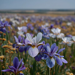 Vibrant Purple Iris Flowers in Bloom: Scenic Spring Field Landscape