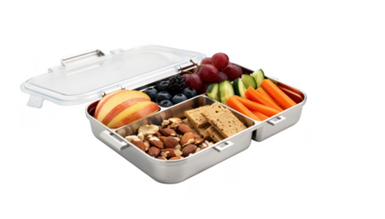 Glutenfree lunchbox set on an office desk filled with fresh fruits and snacks in divided sections highlighting a safe and balanced work lunch.