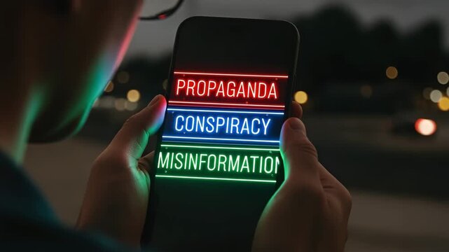 Smartphone displaying words about information warfare, focusing on concept of misinformation.