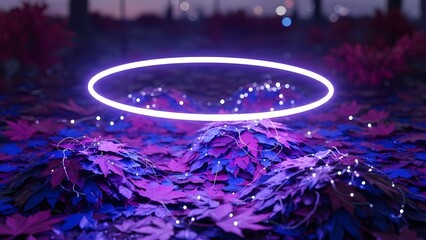 Glowing purple ring hovers above vibrant purple and blue leaves at dusk