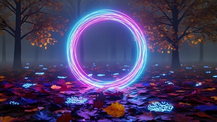 Vibrant neon circle glowing in autumn forest with colorful leaves