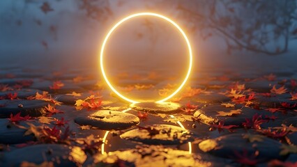 Glowing neon circle on wet stones with autumn leaves
