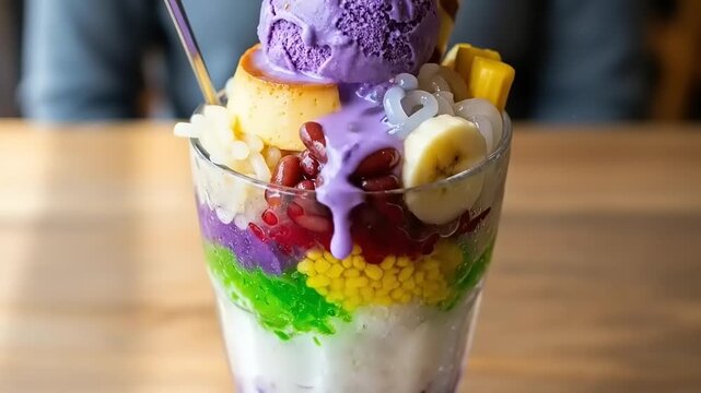 Delicious Filipino Halo Halo dessert served in a tall glass.