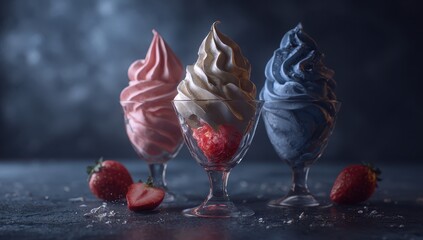 Trio of Temptation: Three artistic glasses brim with swirled ice cream, complemented by vibrant strawberries, set against a dark backdrop.