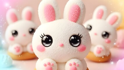 Adorable white bunnies with pink accents on colorful background