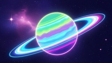 Vibrant neon retro synthwave planet saturn with glowing rings and nebula in a colorful psychedelic galaxy illustration