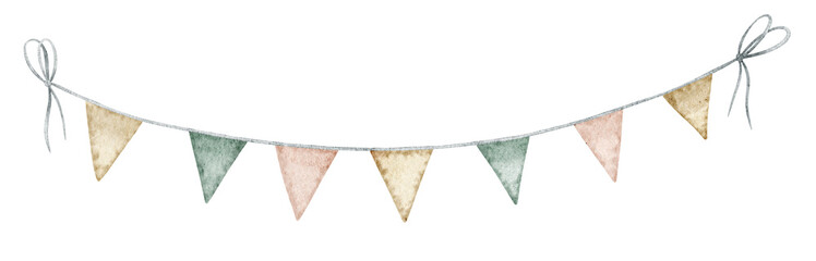 Garland with triangular flags Watercolor illustration. Clipart of circus bunting for baby shower greeting cards, childish birthday invitations, banners, frames in pastel colors © Alisles