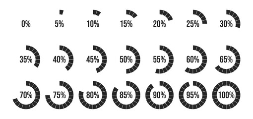 Percentage progress circle set. Loading indicator set. 0 5 10 15 20 25 30 35 40 45 50 55 60 65 70 75 80 85 90 95 100 percent. representing completion status, progress tracking, data visualization