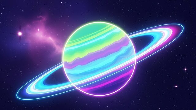 Vibrant neon retro synthwave planet saturn with glowing rings and nebula in a colorful psychedelic galaxy illustration - Powered by Adobe