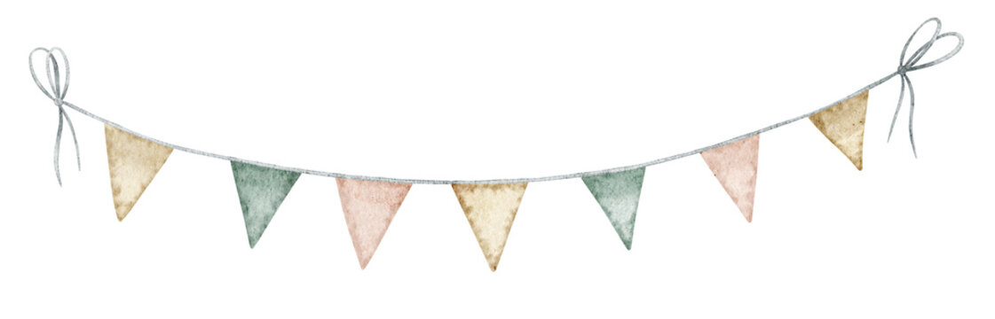Garland with triangular flags Watercolor illustration. Clipart of circus bunting for baby shower greeting cards, childish birthday invitations, banners, frames in pastel colors
