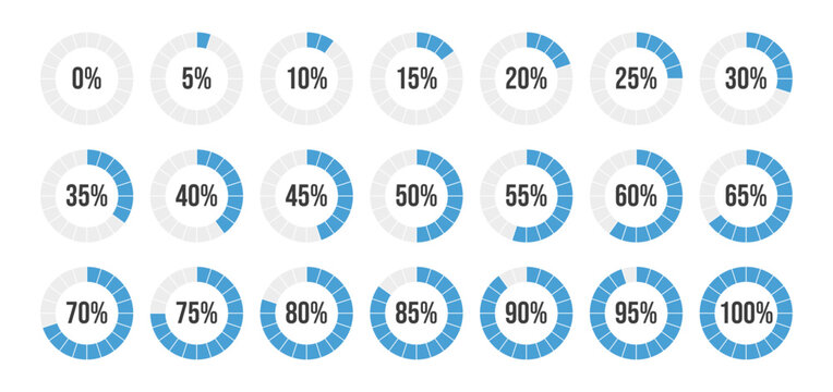 Percentage progress circle set. Loading indicator set. 0 5 10 15 20 25 30 35 40 45 50 55 60 65 70 75 80 85 90 95 100 percent. representing completion status, progress tracking, data visualization