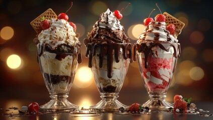 Exquisite Sundae Trio: A tempting assortment of decadent sundaes, each a masterpiece of culinary artistry, complete with luscious layers of cream, rich sauce, and fresh cherries, a sweet indulgence