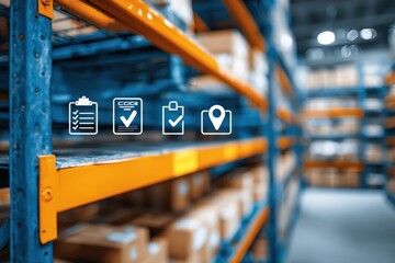 Logistics and Inventory Management: A well-organized warehouse scene, showcasing rows of shelves stacked high with packaged goods and digital icons signifying logistics. 