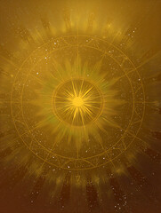 Golden Cosmic Energy: Abstract Spiritual Art with Astrological Symbolism and Mystical Patterns in a Celestial Background
