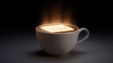 Steaming cup of coffee with glowing QR code on surface symbolizes digital literacy and intelligence driving future innovation in technology