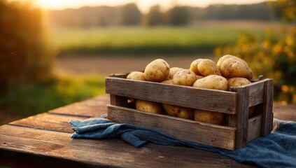 Harvest Bounty: A rustic wooden crate overflowing with freshly harvested potatoes rests on a weathered wooden table, illuminated by the warm light of the setting sun.