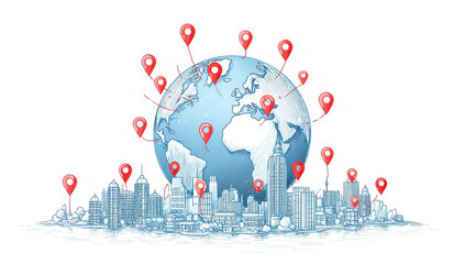 Global Connectivity: A representation of worldwide locations, highlighted with red markers around a globe, symbolizing global reach and communication.