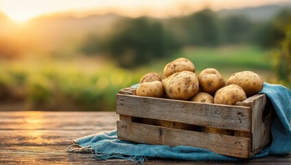 Fresh Harvest: Rustic wooden crate overflowing with freshly harvested potatoes, basking in the soft glow of the sunset, against the backdrop of a serene farm.