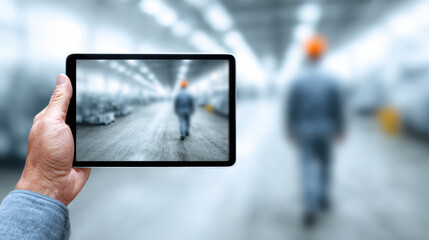 Digital tablet captures worker in factory symbolizing future of innovation and intelligence through digital literacy in industrial environments