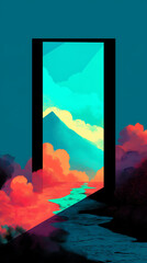 Colorful Abstract Door to a Dreamy Mountain Landscape: A Vibrant Pathway to Adventure and Exploration