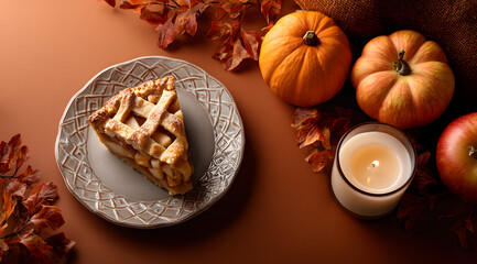 Warm apple pie sits on a decorative plate next to autumn leaves and pumpkins, creating a cozy fall atmosphere
