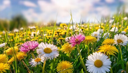 meadow with vibrant white and pink spring daisy flowers amidst sunny yellow dandelions