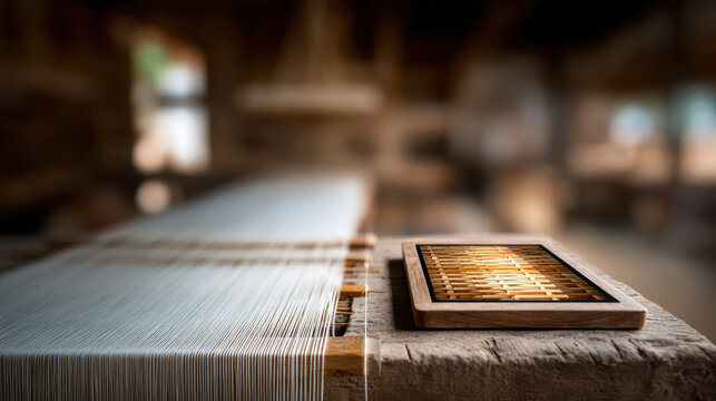 Weaving loom with wooden shuttle on rustic table in traditional workshop showing innovation and future of digital intelligence and literacy - Powered by Adobe