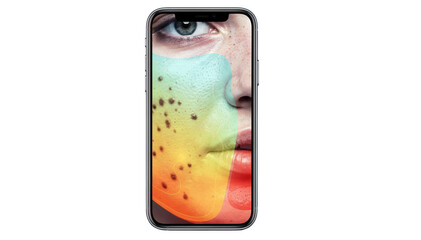 Smartphone displaying AIdriven heatmap overlay analyzing dark spot severity on facial skin isolated on white background highlighting advanced medical imaging technology.