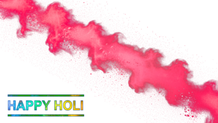 A vibrant pink powder explosion on a black background with Happy Holi text on transparent background