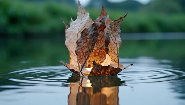 Dry leaves lantern with warm glow floating on calm water reflecting light for spiritual hope concept and serene ambiance