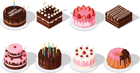 Set of isometric birthday cake vectors including chocolate brownies strawberry gateau and bundt cakes with candles for celebrations.