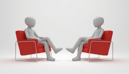 Two grey humanoid figures sitting in red chairs facing each other in a minimalist setting