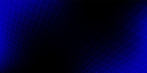 Blue glowing neon wireframe background. Shining checkered diagonal grid planes in depth. Retro futuristic wallpaper. Arcade game sci fi matrix surface backdrop for poster, banner. Vector
