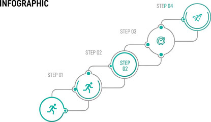 Four-step process infographic, running icon, target, paper airplane, teal minimalist design, workflow diagram for business, strategy, presentation, planning use