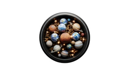 Miniature Solar System Model with Planets and Stars in Black Bowl isolated on Transparent Background