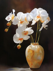 Elegant White Orchid Floral Arrangement in Colorful Vase: Modern Botanical Art for Interior Design
